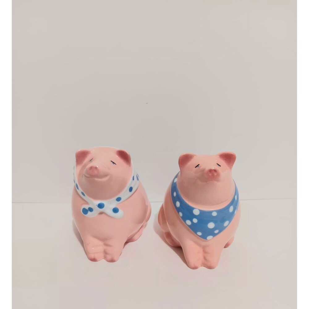 Pig Ceramic Salt/ Pepper Shakers Pink / Blue White Pattern Bibs